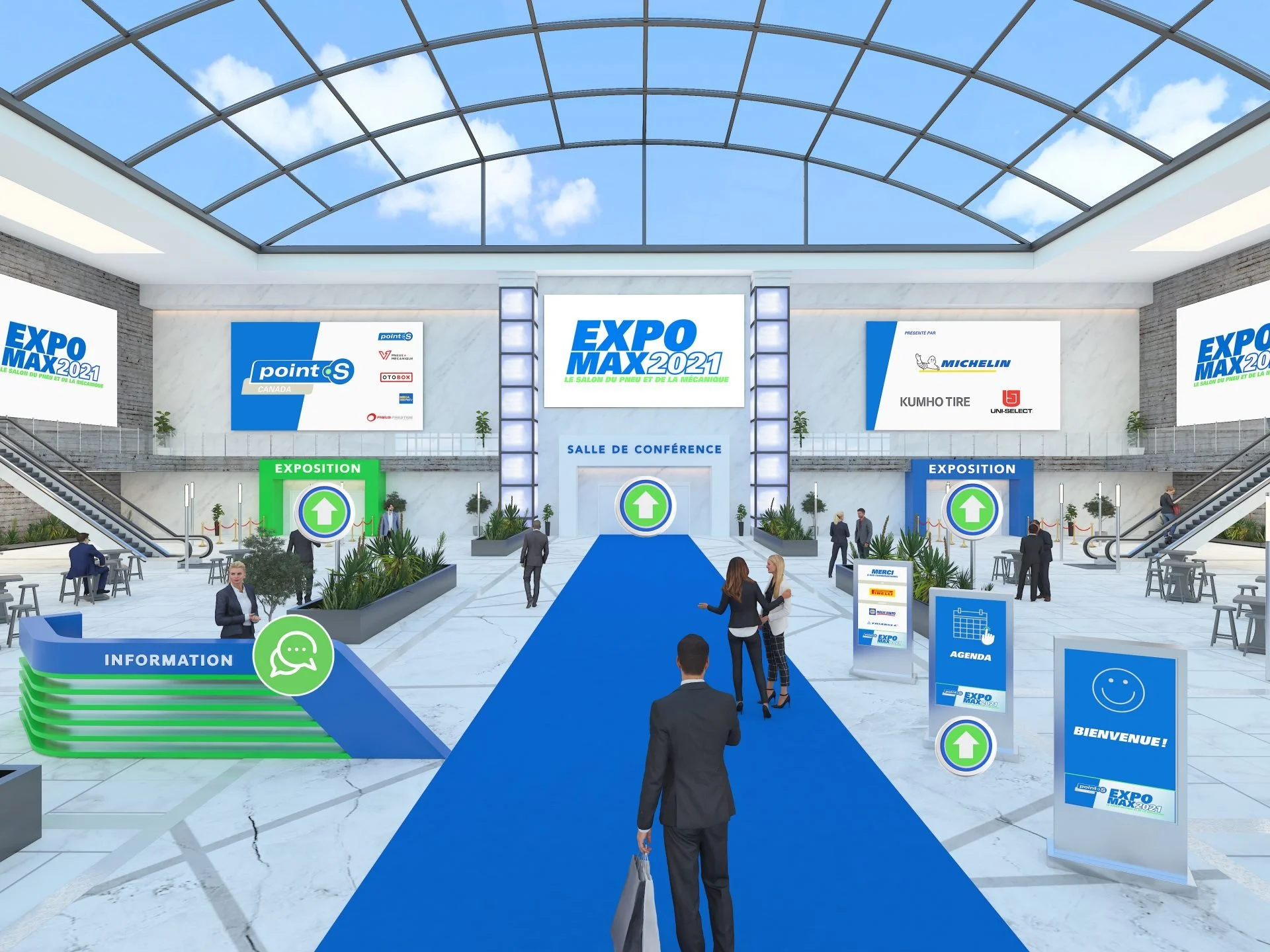 Virtual trade-show hall with large-scale branded screens