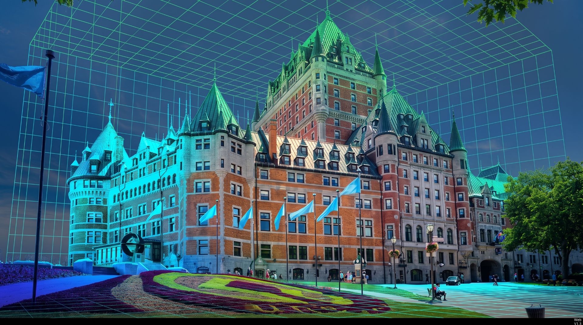 Château Frontenac with capture-grid overlay — digital-twin visualization