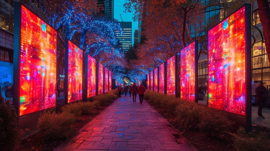 Virtual trade-show hall with large-scale branded screens