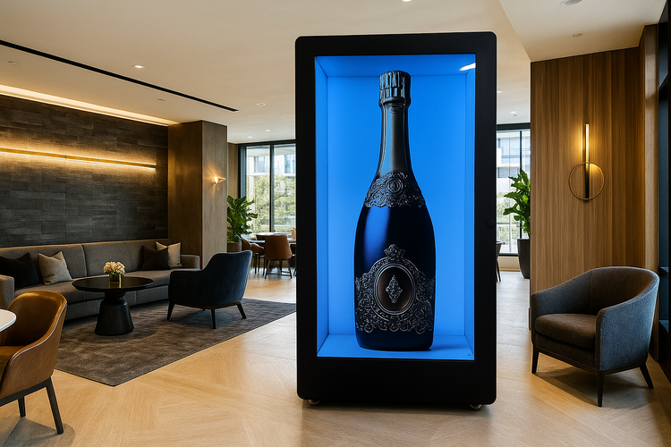 Premium product hologram on a large-format display in a luxury lobby