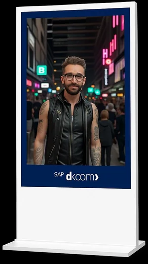 SAP dkom share card displayed on a vertical GenieBox signage kiosk