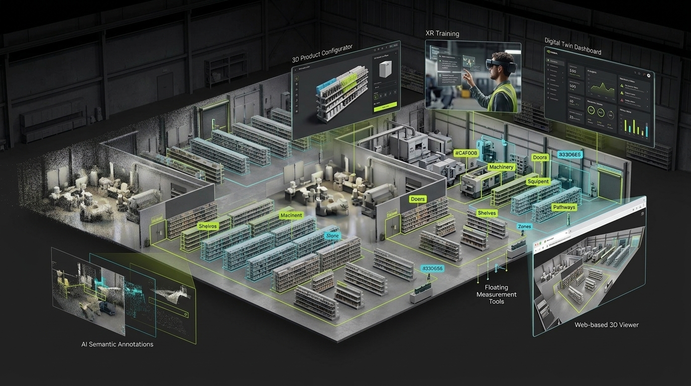A captured facility as an operational twin — configurator, XR training and dashboard layers