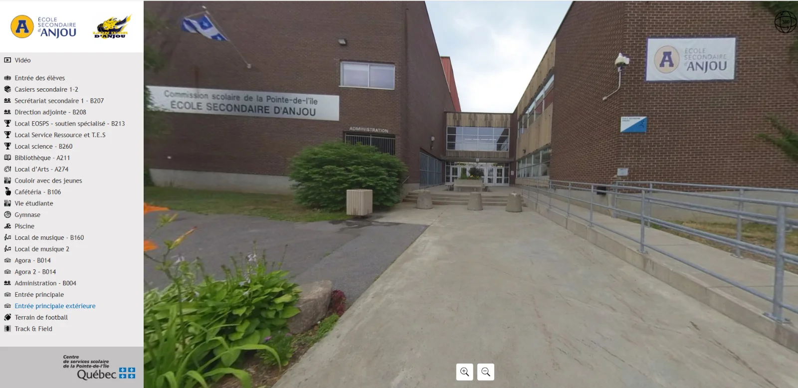 Virtual tour interface — École secondaire d'Anjou: menu navigation and 360° view